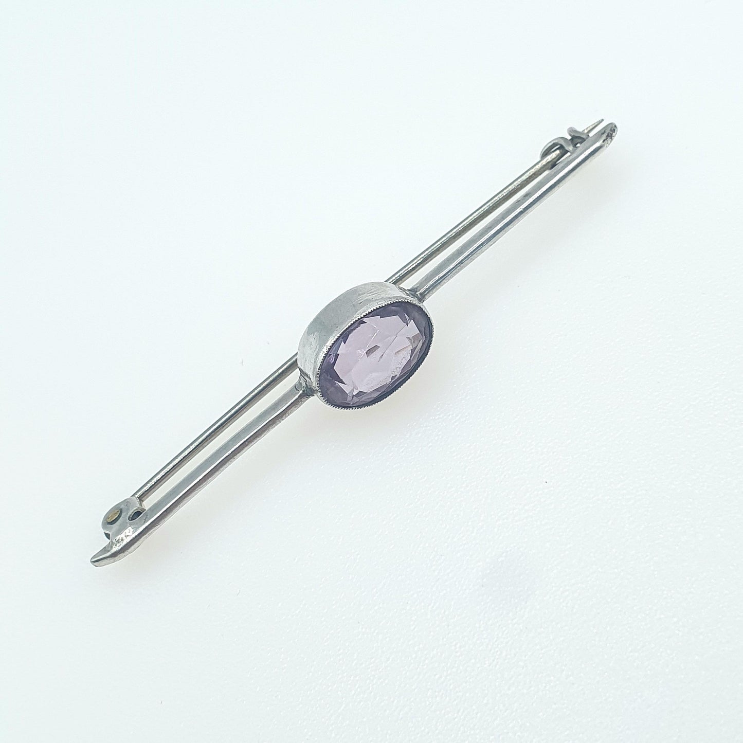 Antique Solid Silver Natural Amethyst Brooch Oval Cut Bar Pin Purple Quartz Gemstone Lilac Purple Womens Jewelry Jewellery Mens