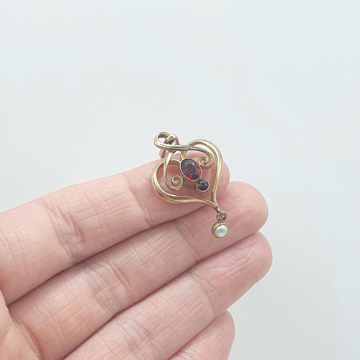 Antique Rolled Gold Garnet Paste Pendant Art Nouveau Openwork Edwardian Faux Pearl Gold Filled Womens Jewelry Vintage Jewellery