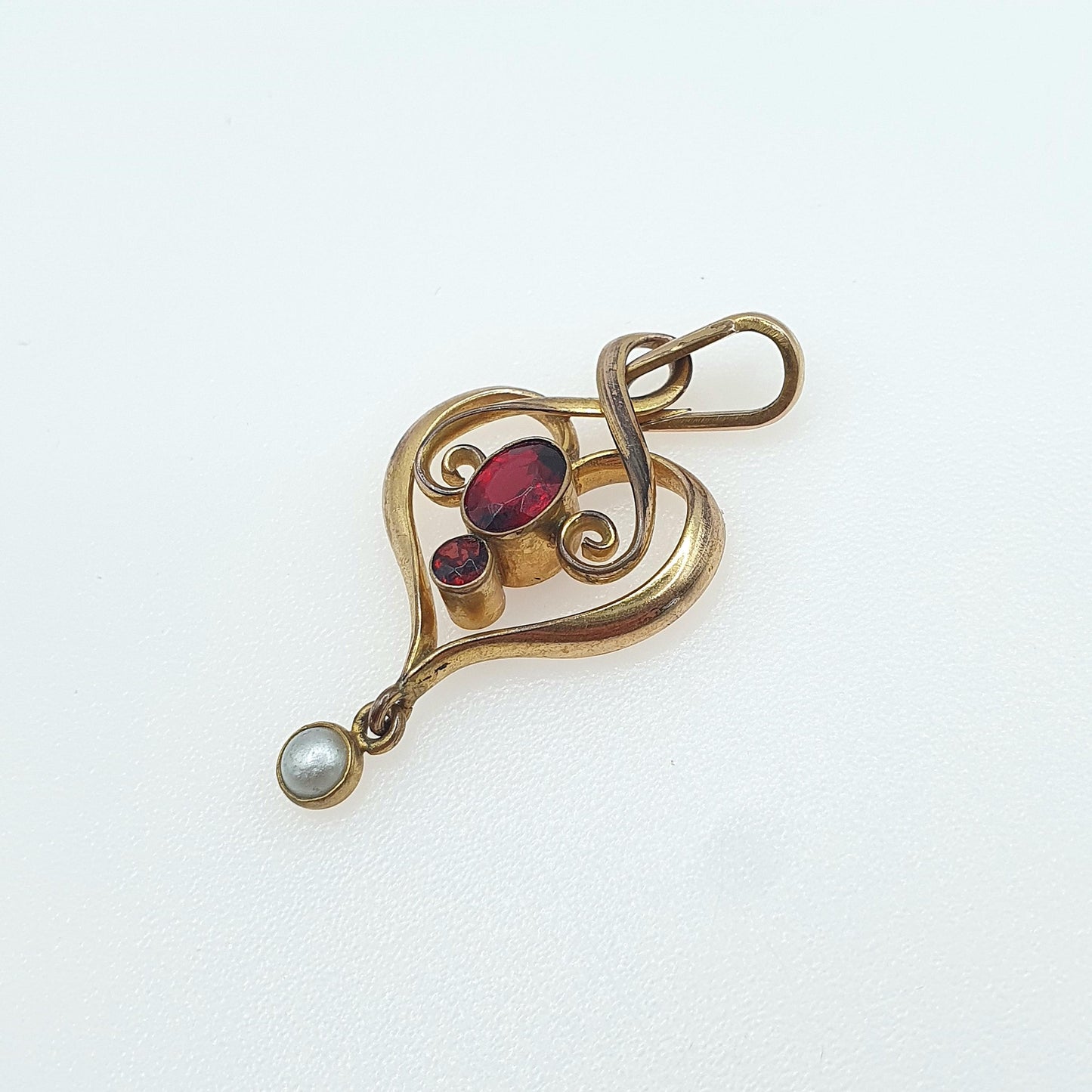 Antique Rolled Gold Garnet Paste Pendant Art Nouveau Openwork Edwardian Faux Pearl Gold Filled Womens Jewelry Vintage Jewellery