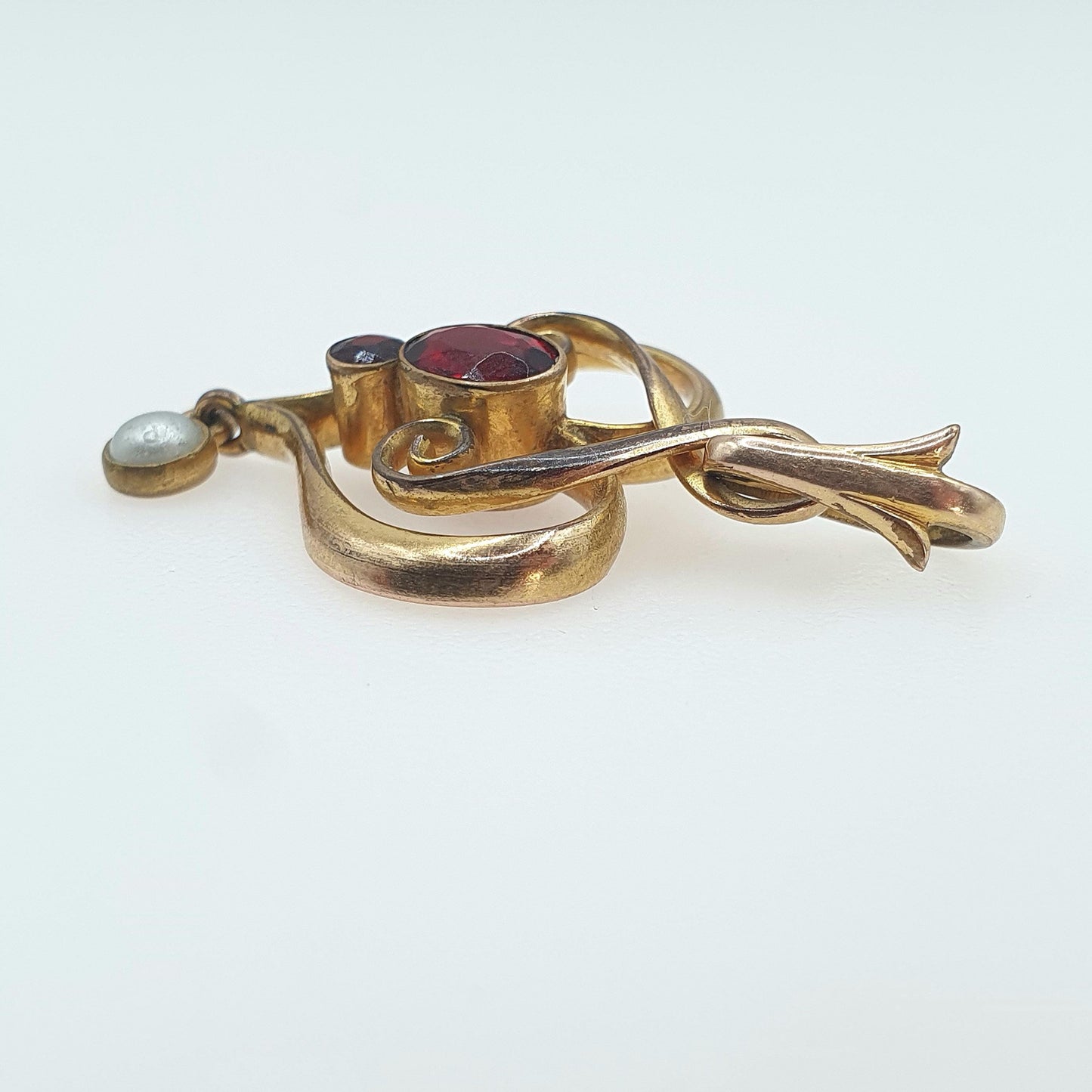 Antique Rolled Gold Garnet Paste Pendant Art Nouveau Openwork Edwardian Faux Pearl Gold Filled Womens Jewelry Vintage Jewellery