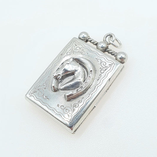 Antique Sterling Silver Horse & Horseshoe Locket Horseriding Lucky Equestrain Rectangular Large Big Womens Vintage Jewelry Jewellery
