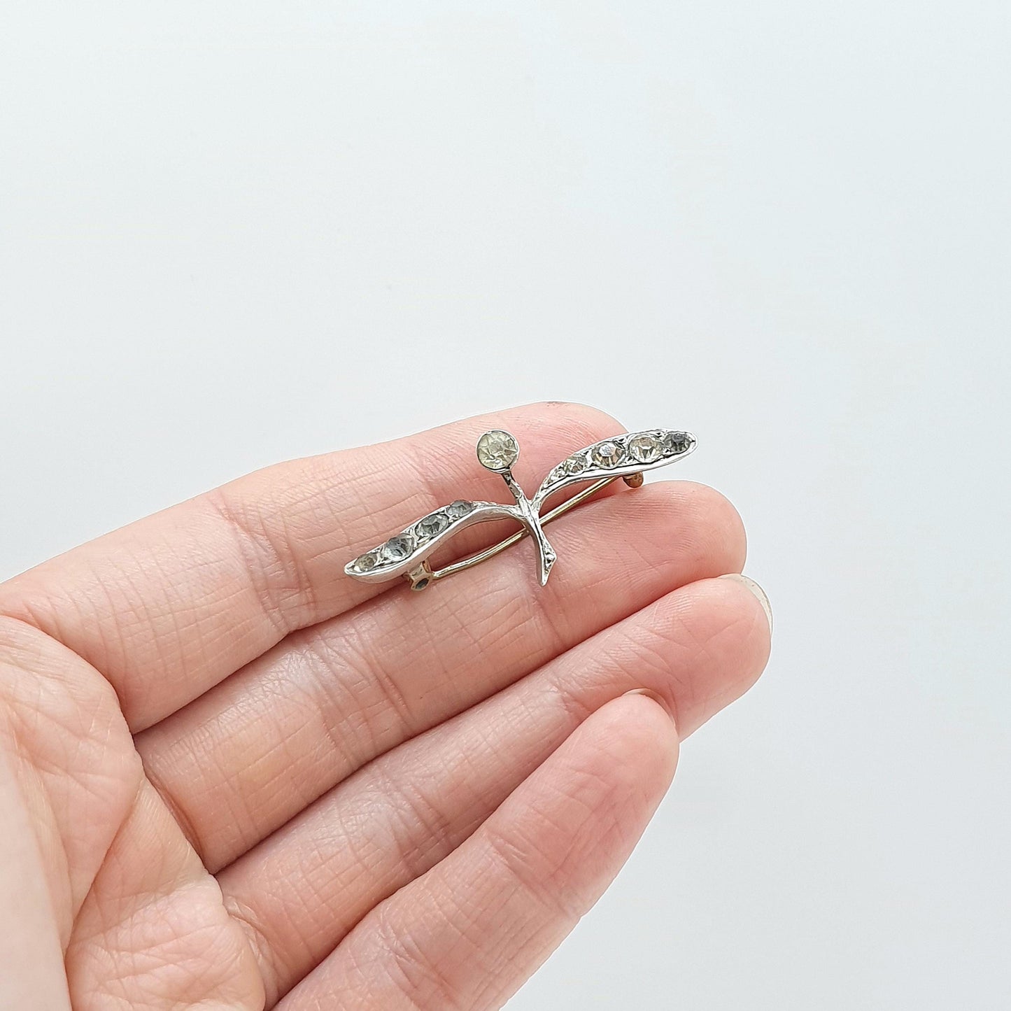 Antique Victorian Sterling Silver Diamond Paste Brooch Flower Leaf Style Art Nouveau Womens Jewelry Jewellery Vintage