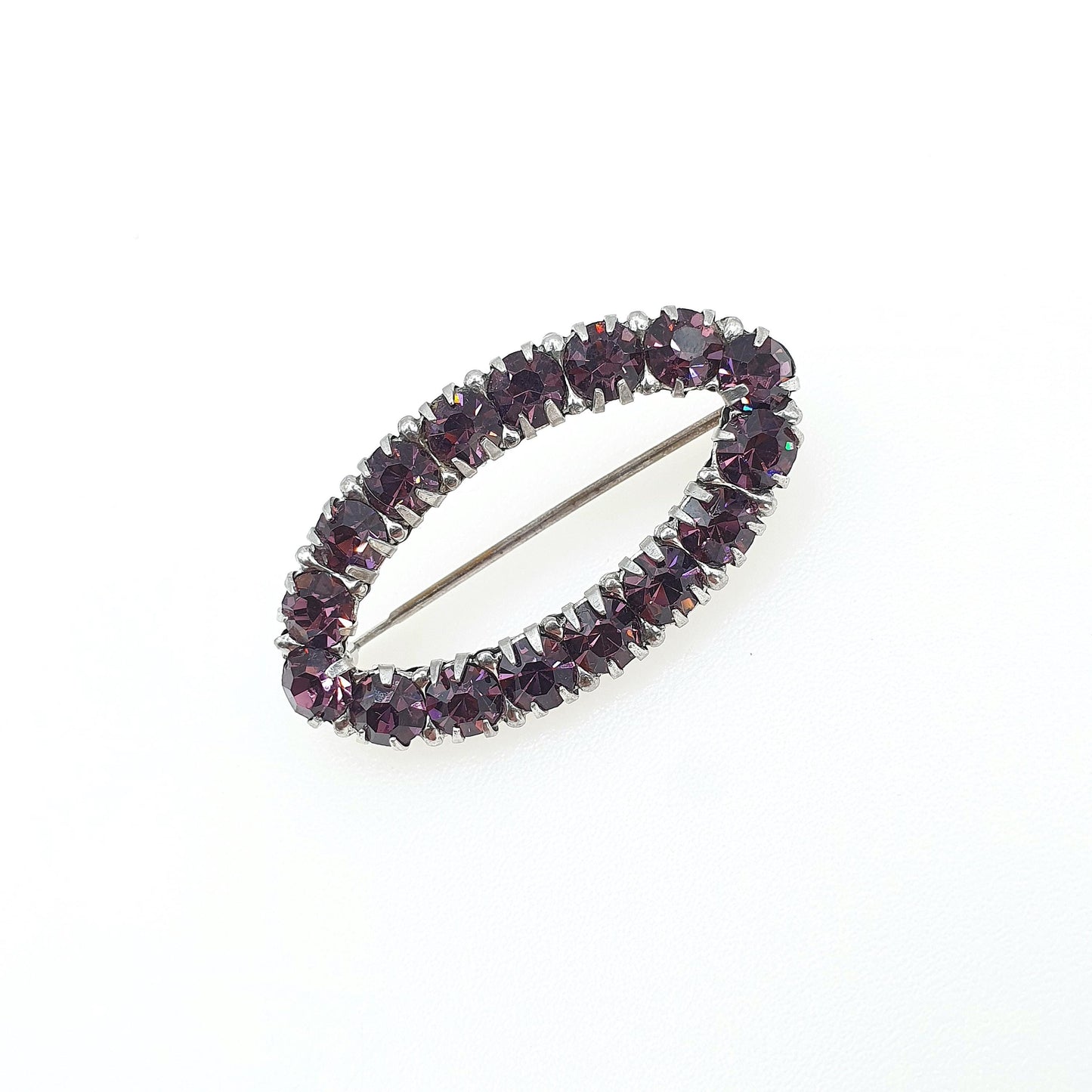 Antique Sterling Silver Amethyst Paste Eye Brooch Ellipse Art Deco 1920s Sparkly Vintage Womens Jewelry Jewellery