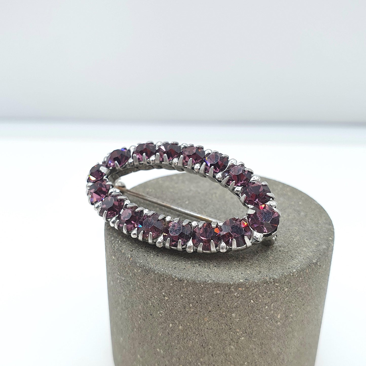 Antique Sterling Silver Amethyst Paste Eye Brooch Ellipse Art Deco 1920s Sparkly Vintage Womens Jewelry Jewellery