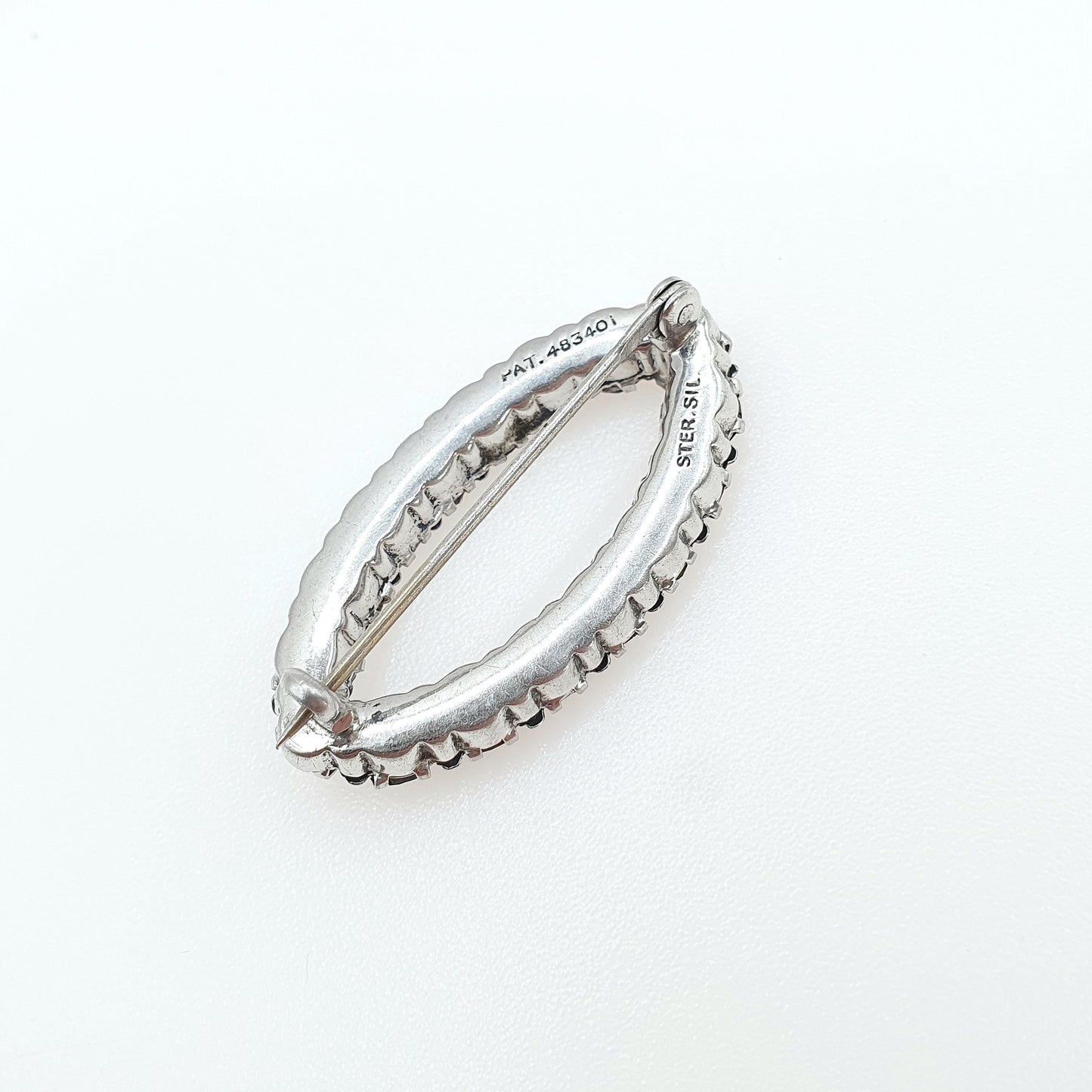 Antique Sterling Silver Amethyst Paste Eye Brooch Ellipse Art Deco 1920s Sparkly Vintage Womens Jewelry Jewellery