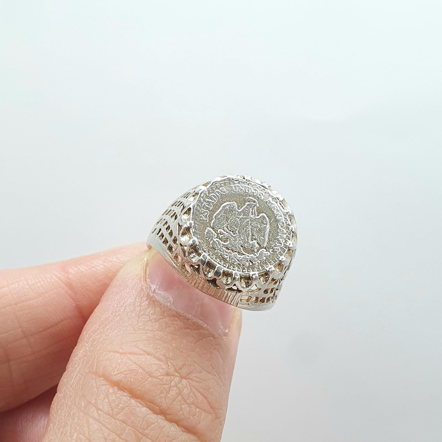Vintage Solid Silver Estados Unidos Mexicanos Coin Signet Ring Chunky Large Big Retro Womens Jewelry Jewellery UK N.5 US 7