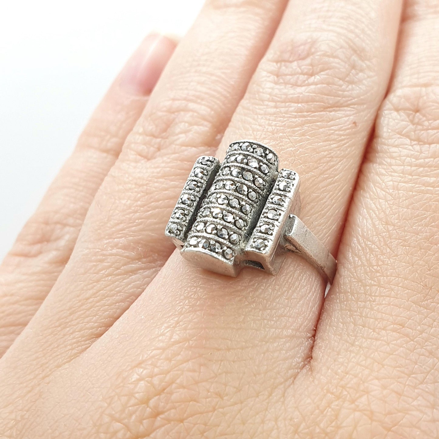 Antique Art Deco Solid Silver Marcasite Ring Geometric Cocktail Flapper Jewelry Jewellery Womens Mens UK O US 7.25