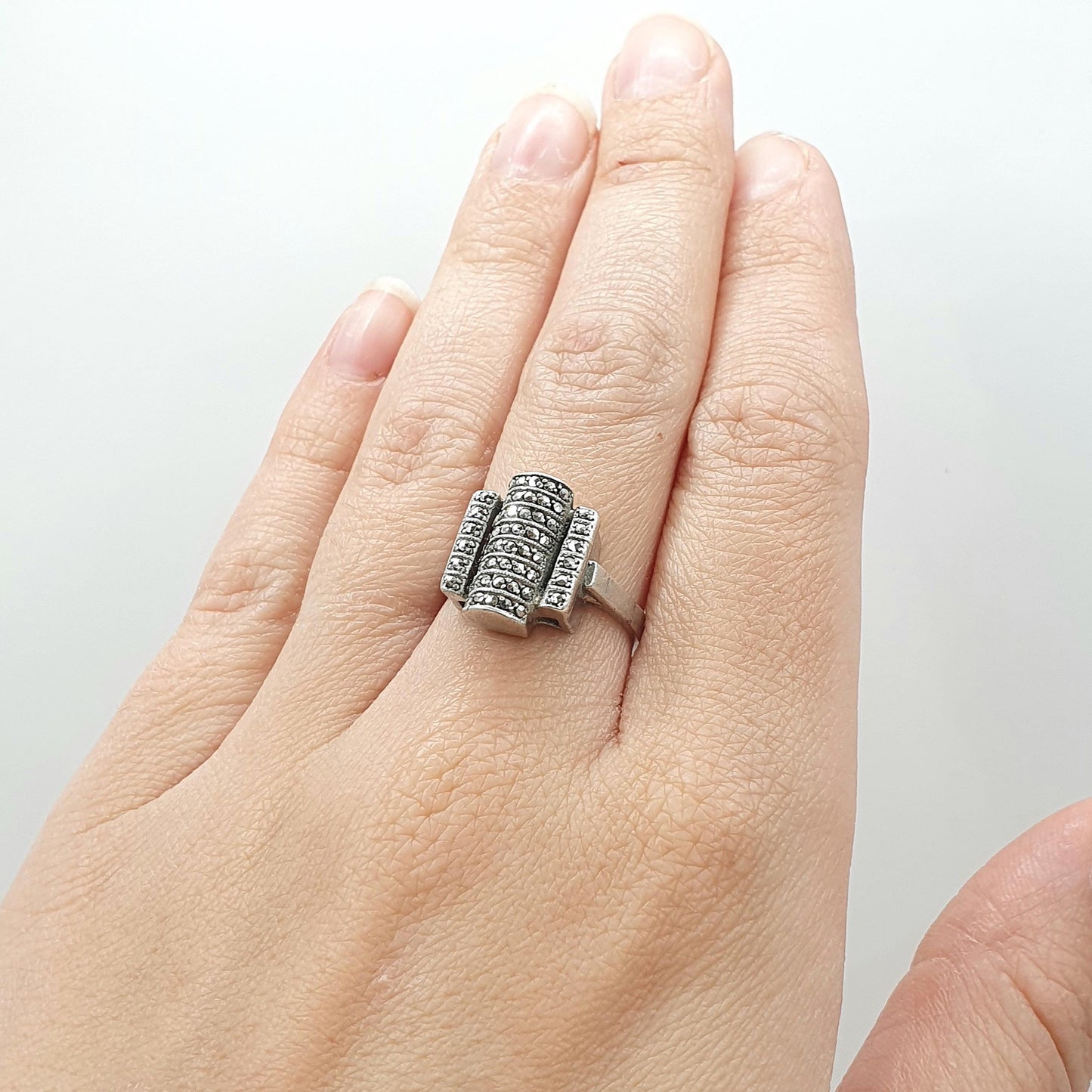 Antique Art Deco Solid Silver Marcasite Ring Geometric Cocktail Flapper Jewelry Jewellery Womens Mens UK O US 7.25