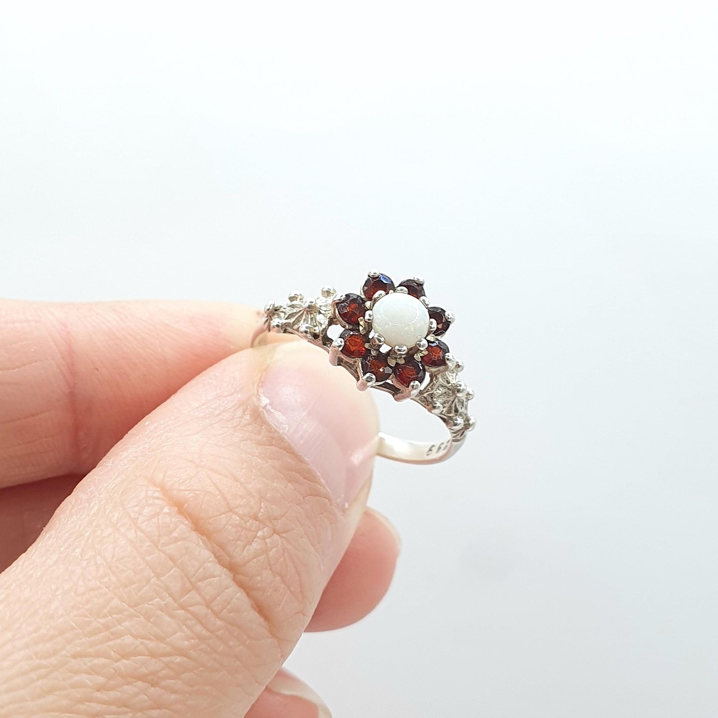 Vintage Sterling Silver Opal Garnet Ring Cluster Halo Genuine Gemstones Dimpled Shoulders Womens Girls Jewelry Jewellery UK Q US 8