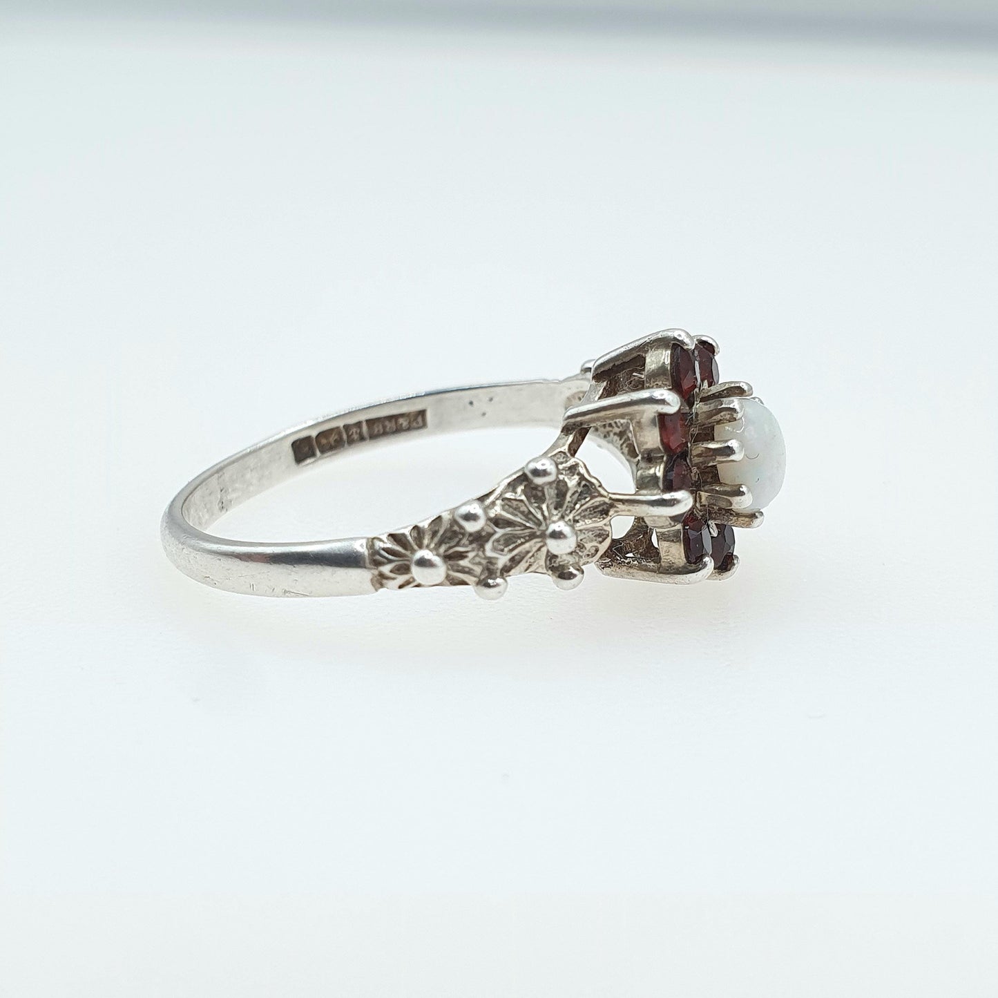 Vintage Sterling Silver Opal Garnet Ring Cluster Halo Genuine Gemstones Dimpled Shoulders Womens Girls Jewelry Jewellery UK Q US 8