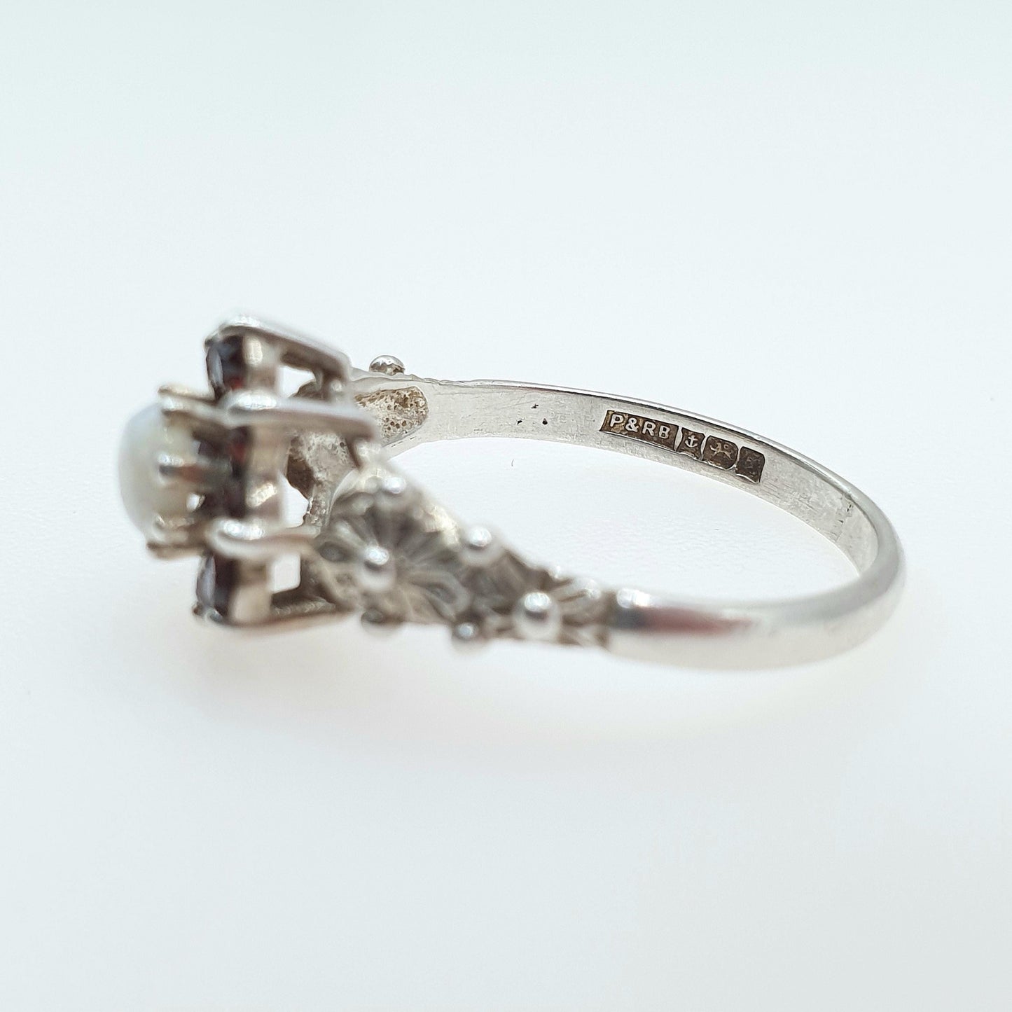 Vintage Sterling Silver Opal Garnet Ring Cluster Halo Genuine Gemstones Dimpled Shoulders Womens Girls Jewelry Jewellery UK Q US 8