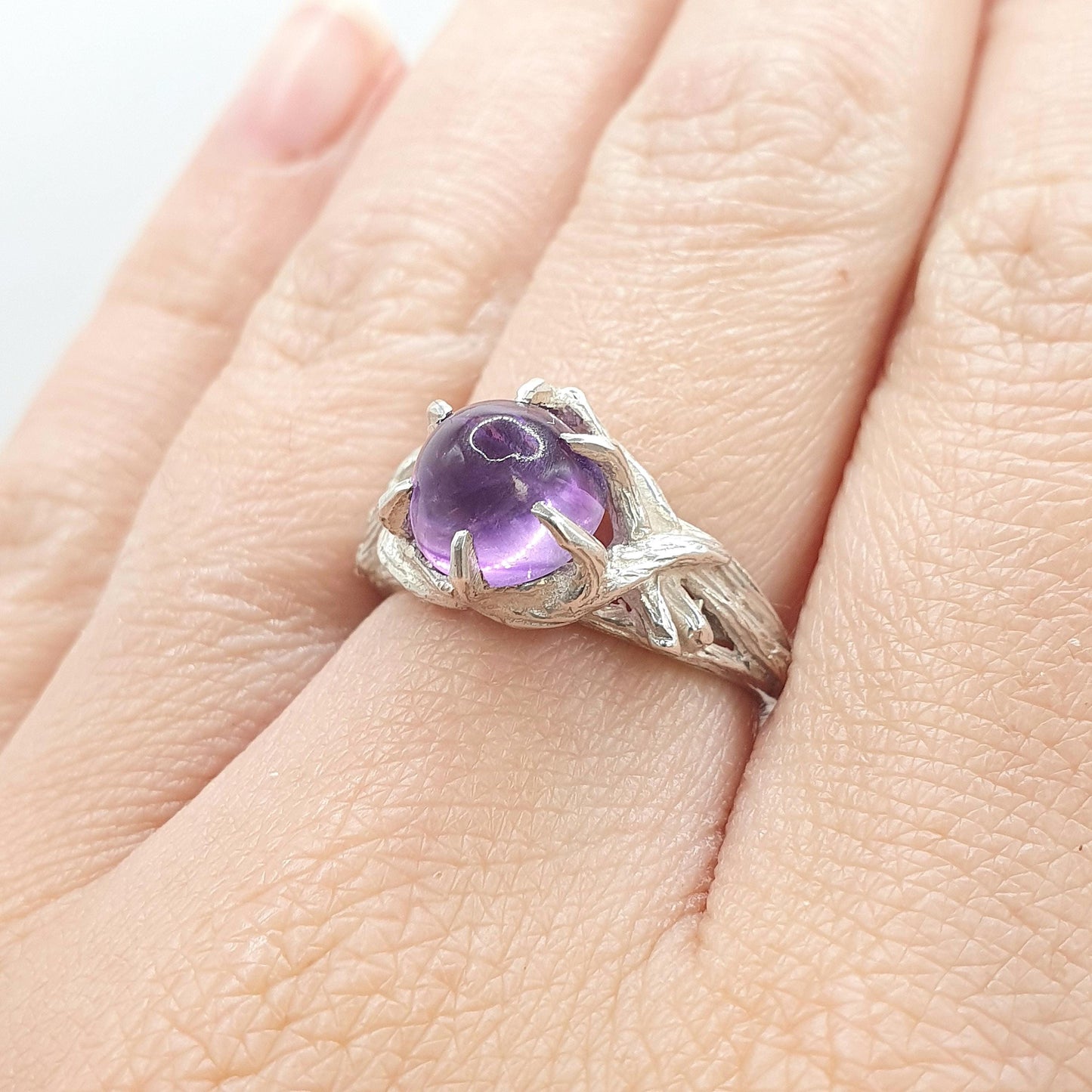 Vintage Sterling Silver Amethyst Ring Clawed Style Setting 1970 Hallmark Dome Purple Quartz Gemstone UK M US 6.25