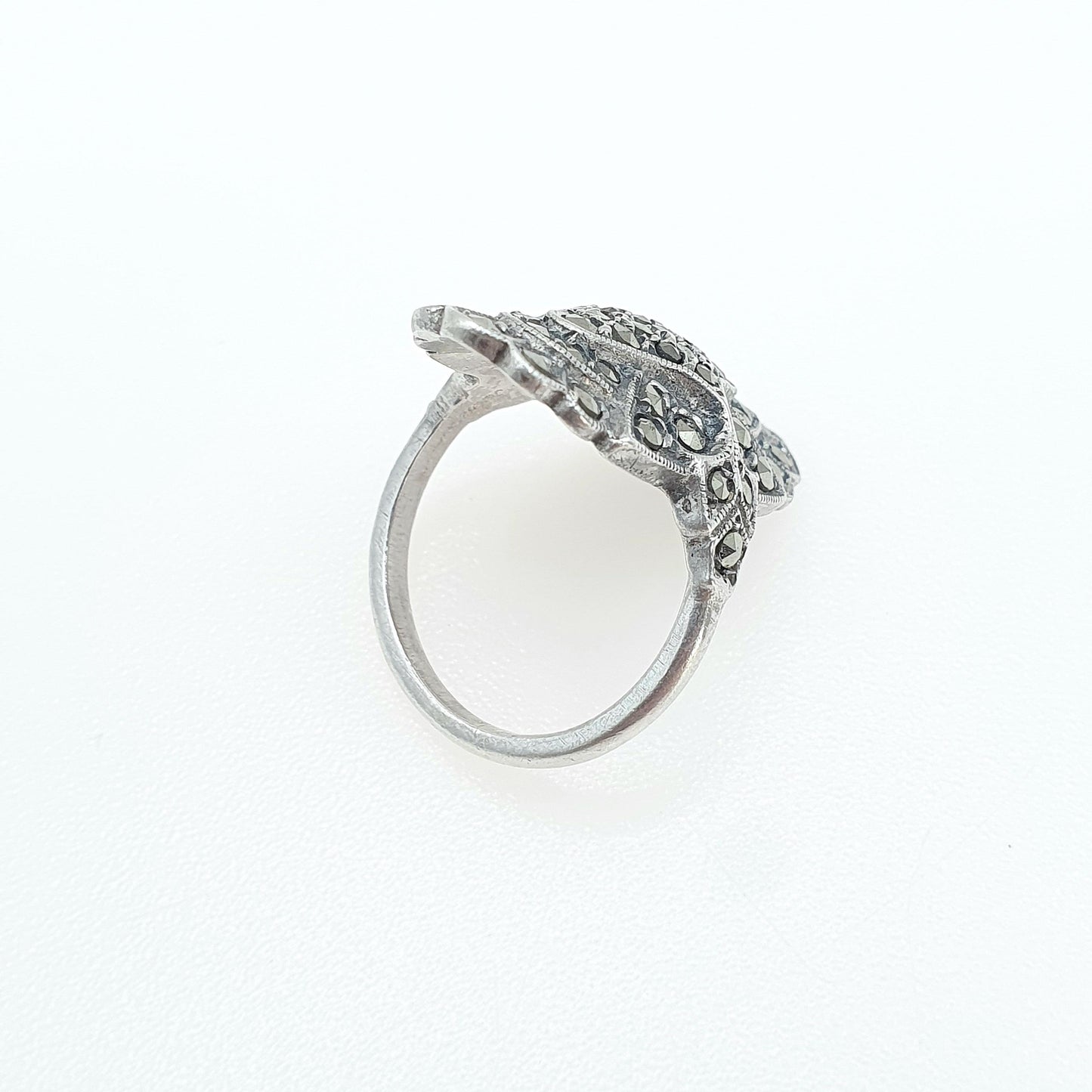 Antique Art Deco Solid Silver Marcasite Boat Ring Flapper Cocktail Large Geometric Sparkly Ladies Womens Jewelry Jewellery UK K US 5.25