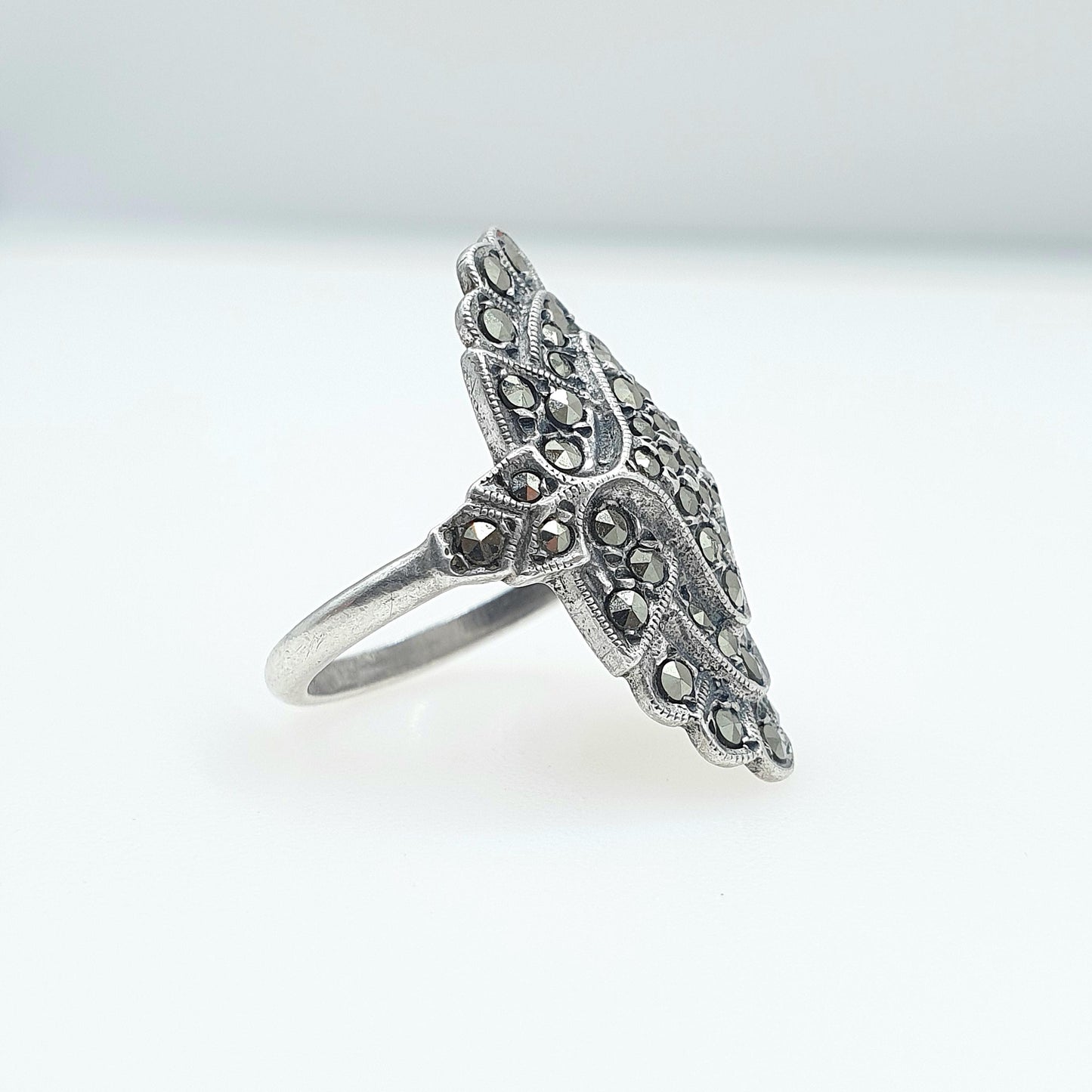 Antique Art Deco Solid Silver Marcasite Boat Ring Flapper Cocktail Large Geometric Sparkly Ladies Womens Jewelry Jewellery UK K US 5.25