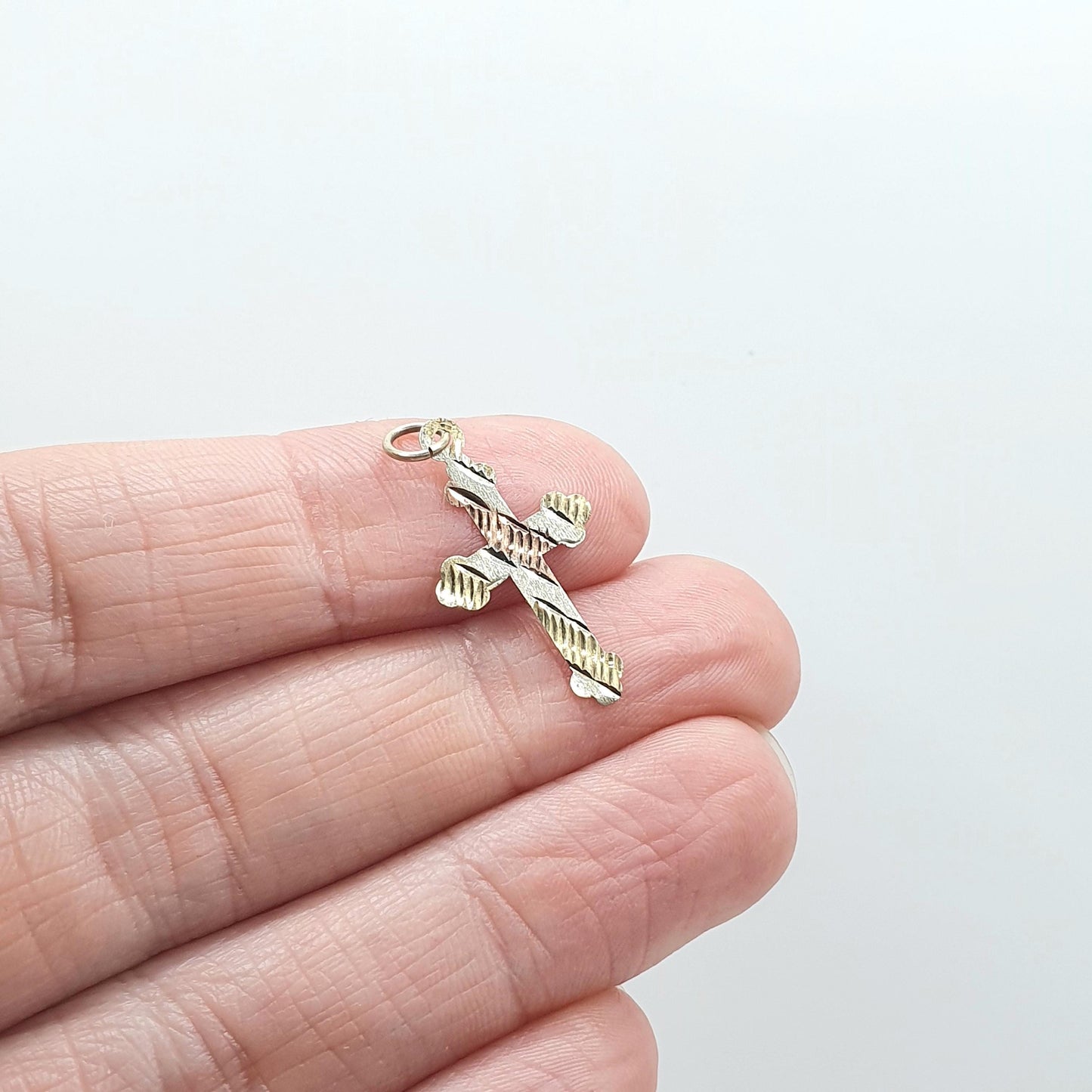 Vintage 9ct Gold Bulbed Cross Pendant Tri Colour Three Colour Gold Crucifix Charm Rose White Yellow Jewelry Jewellery