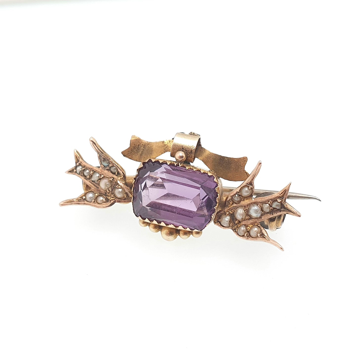 Antique 9ct Gold Amethyst Swallow Bird Brooch Bird Victorian 1897 Pin Seed Pearl Pair of Swallows Solid 9kt 9k Vintage Jewelry Jewellery