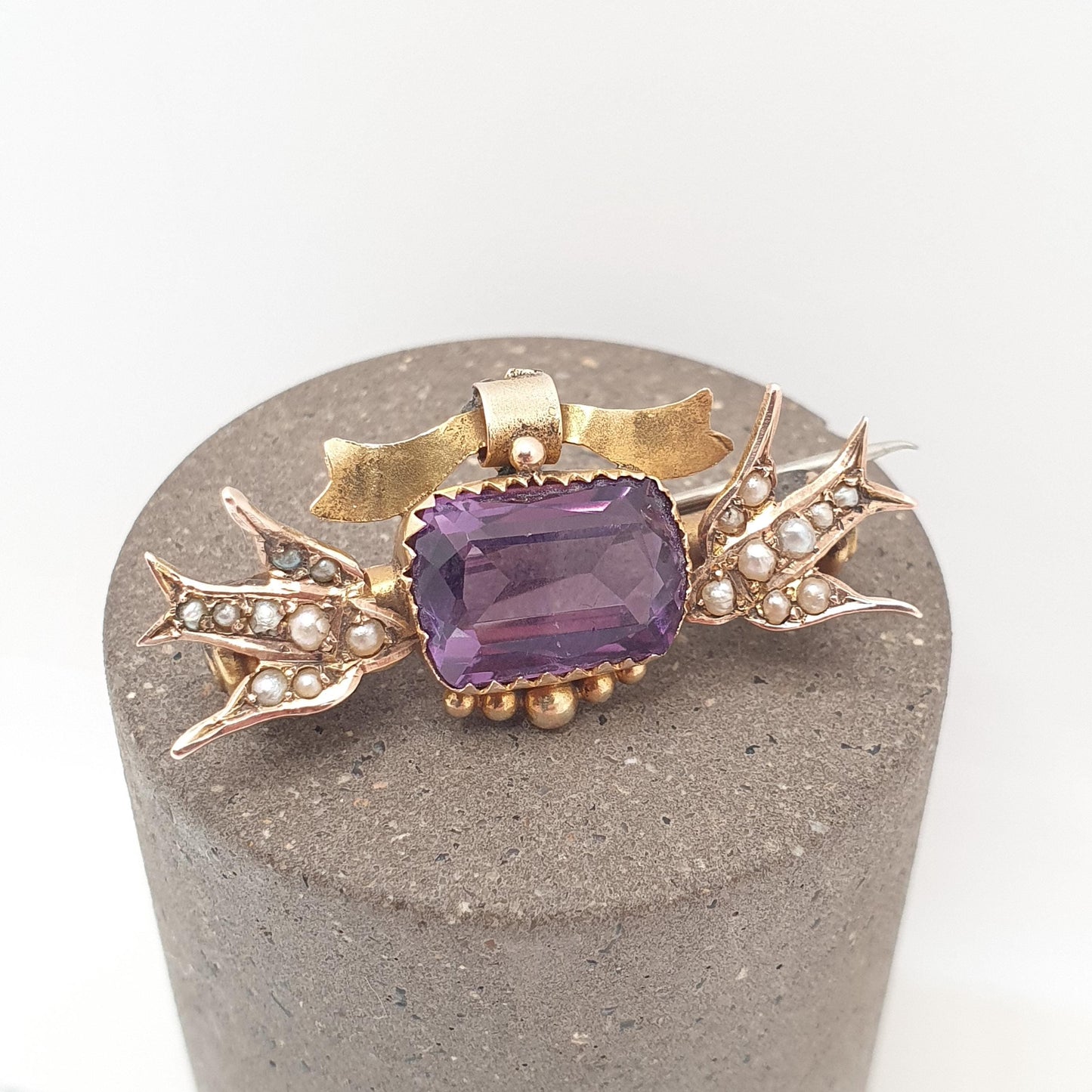 Antique 9ct Gold Amethyst Swallow Bird Brooch Bird Victorian 1897 Pin Seed Pearl Pair of Swallows Solid 9kt 9k Vintage Jewelry Jewellery