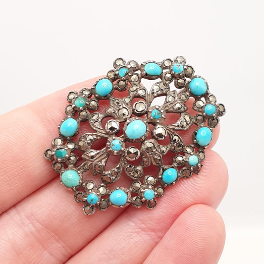 Antique Solid Silver Turquoise Marcasite Brooch Art Deco 1920s French Large Big Vintage Natural Gemstone Floral Womens Jewelry Jewellery