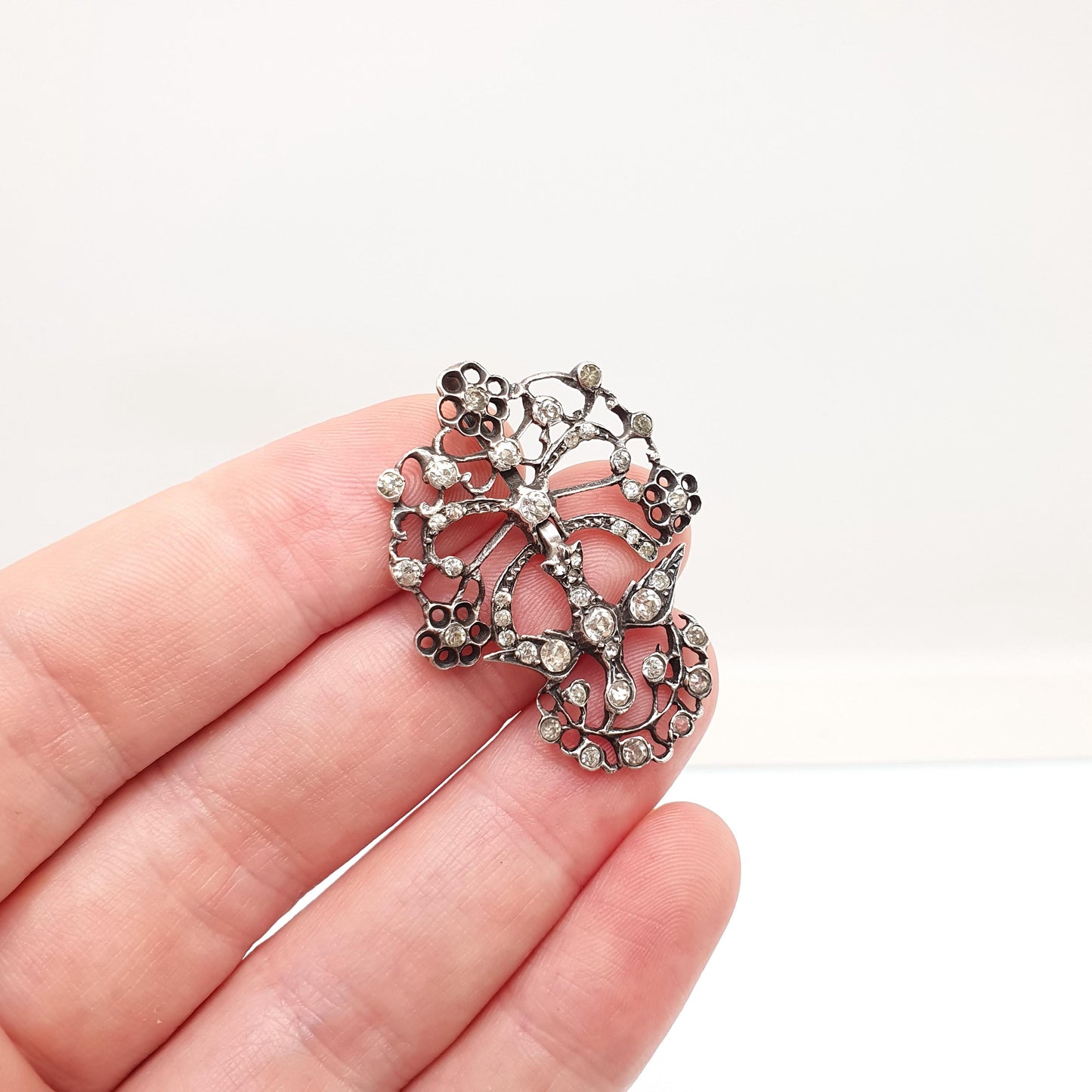 Antique Solid Silver Esprit Dove Diamond Paste Pendant Victorian Bird Necklace French Georgian Style Vintage Womens Jewellery Jewelry