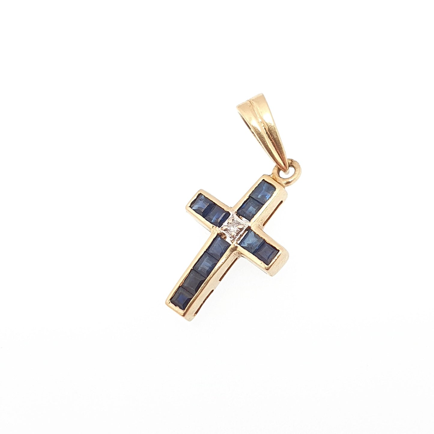 Vintage 18ct Gold Sapphire & Diamond Cross Crucifix Necklace Pendant Solid 750 18kt Square Cut Channel Set Jewelry Jewellery