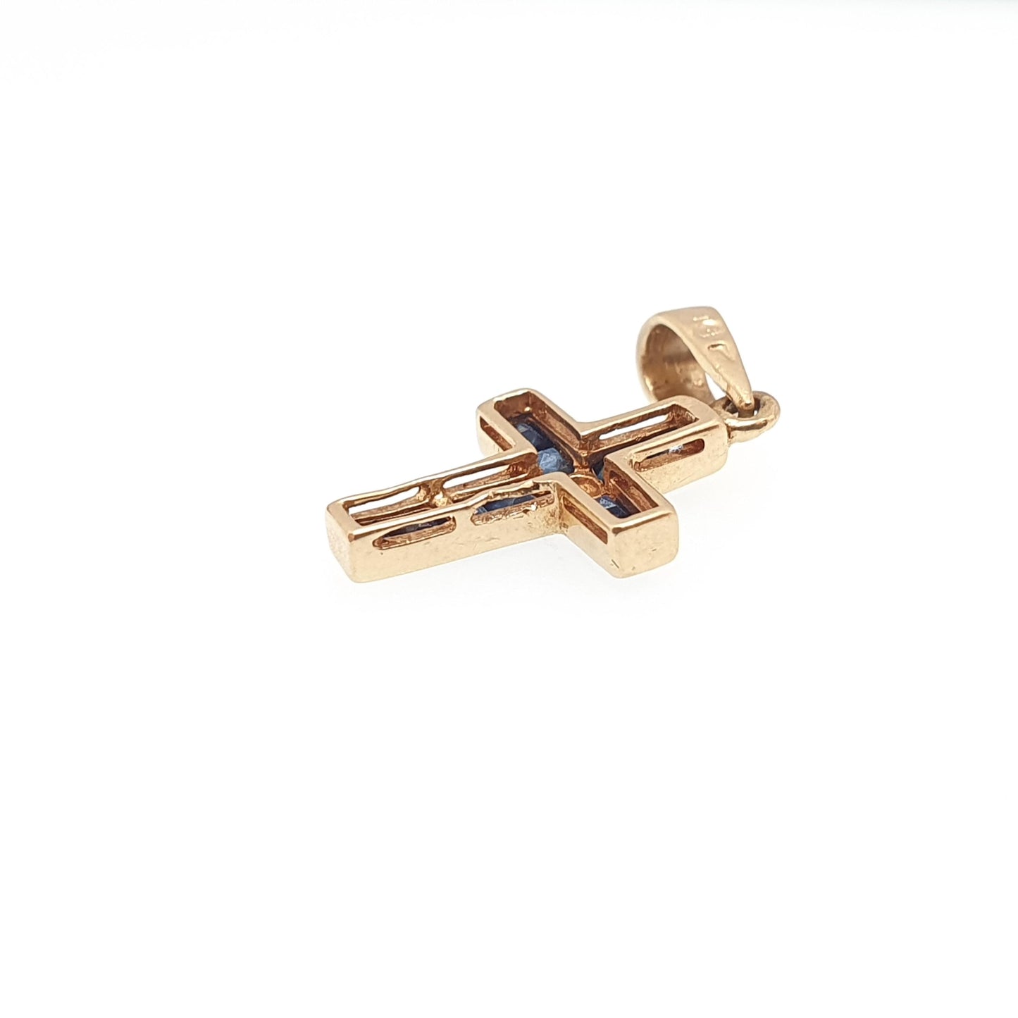 Vintage 18ct Gold Sapphire & Diamond Cross Crucifix Necklace Pendant Solid 750 18kt Square Cut Channel Set Jewelry Jewellery