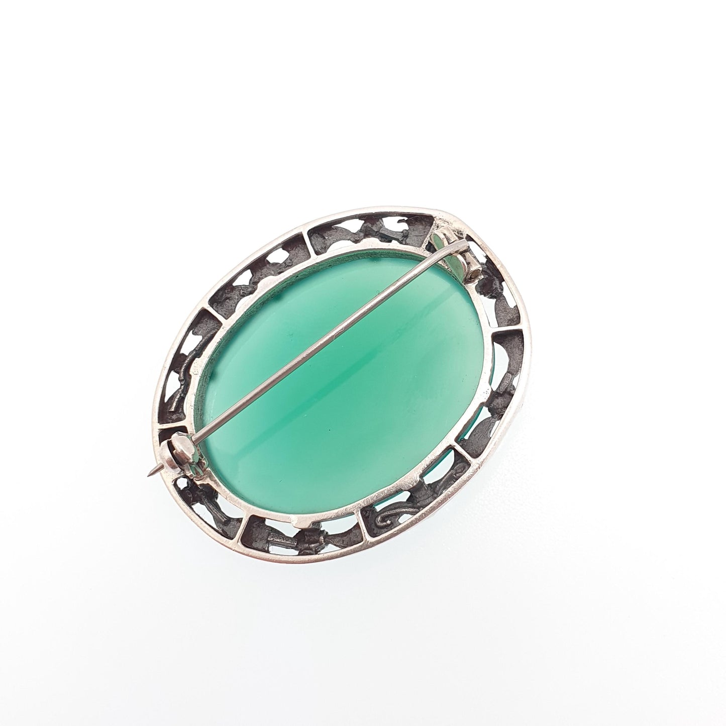 Antique Chrysoprase Solid Silver Brooch Bernard Instone Style Large Big Art Nouveau Vintage Jewelry Jewellery