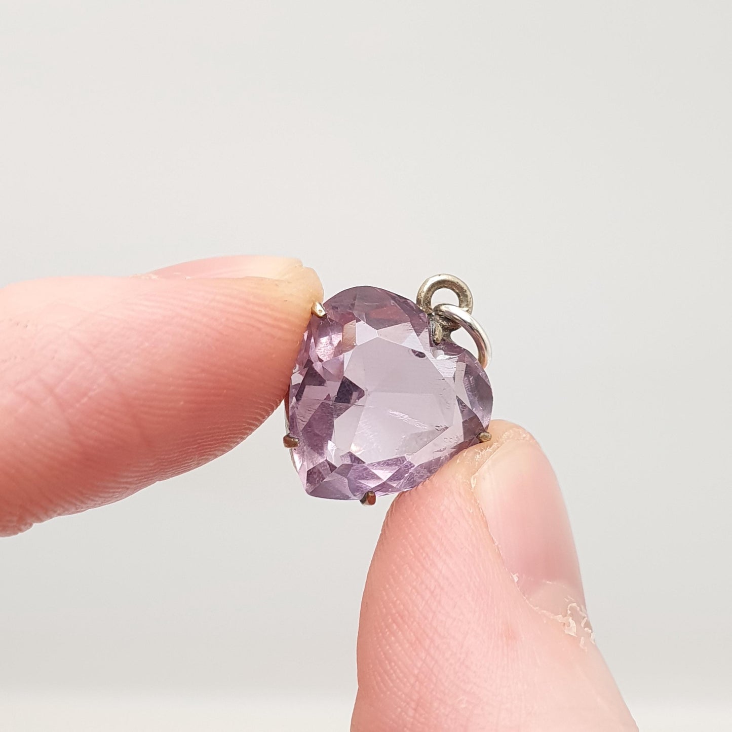 Antique Victorian Natural Amethyst Heart Pendant Charm Lilac Gemstone Silver Tone Base Metal Jewelry Vintage Jewellery