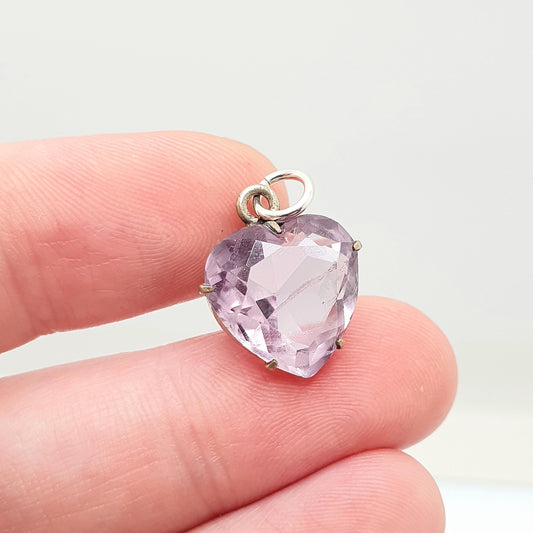Antique Victorian Natural Amethyst Heart Pendant Charm Lilac Gemstone Silver Tone Base Metal Jewelry Vintage Jewellery