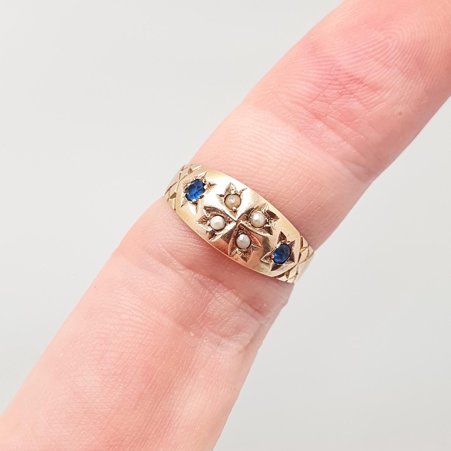 Antique 15ct Gold Sapphire Ring Seed Pearl Cross 1905 Hallmark Solid 625 15 Carat Fine Estate Womens Vintage Jewelry Jewellery