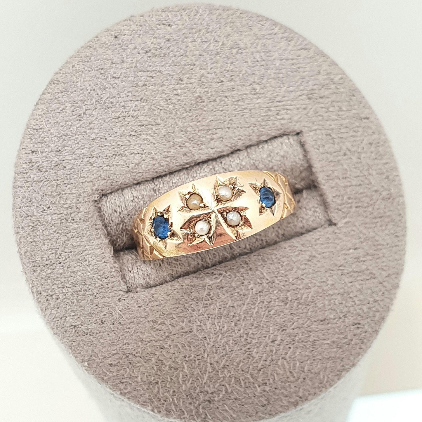 Antique 15ct Gold Sapphire Ring Seed Pearl Cross 1905 Hallmark Solid 625 15 Carat Fine Estate Womens Vintage Jewelry Jewellery