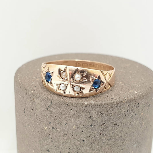 Antique 15ct Gold Sapphire Ring Seed Pearl Cross 1905 Hallmark Solid 625 15 Carat Fine Estate Womens Vintage Jewelry Jewellery