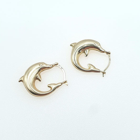 Vintage 9ct Gold Dolphin Hoop Earrings Dolphins Solid 9kt 9k Womens Jewelry Jewellery Y2K Style