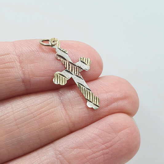 Vintage 9ct Gold Bulbed Cross Pendant Tri Colour Three Colour Gold Crucifix Charm Rose White Yellow Jewelry Jewellery