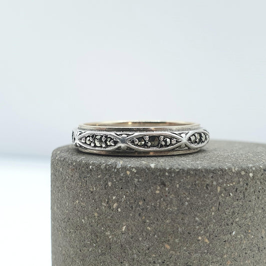 Antique 9ct Gold & Solid Silver Marcasite Eternity Ring Faceted Solid 9k 9kt 1920s Vintage Womens Jewelry Jewellery UK L.5 US 6