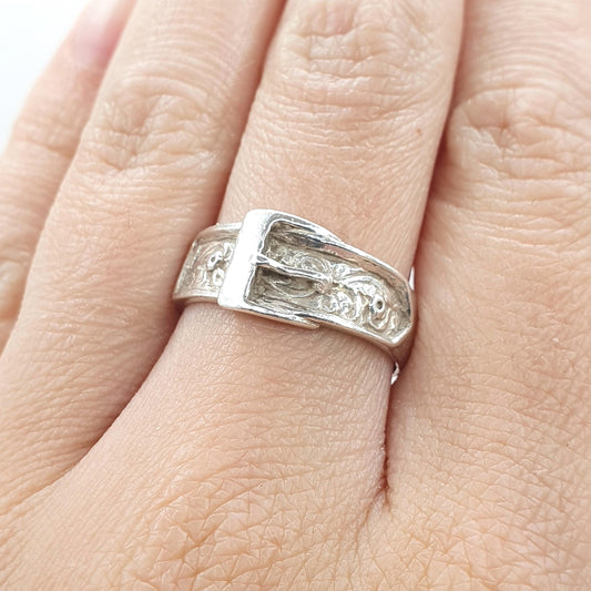 Vintage Sterling Silver Belt Buckle Ring Band Stacker Stacking Unisex Womens Mens Jewelry Jewellery UK O US 7.25