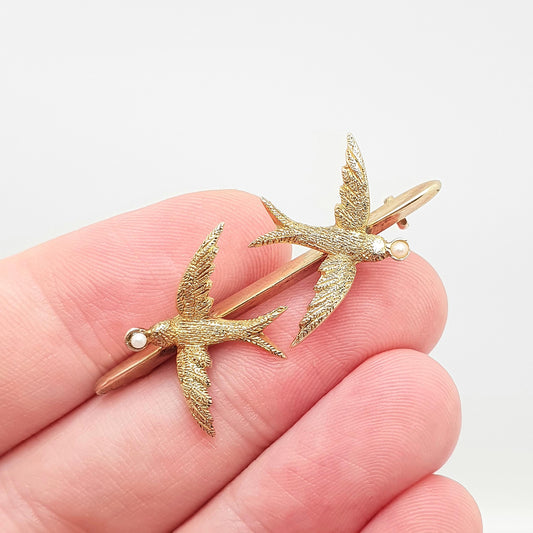 Antique 9ct Gold Pair of Swallows Brooch Bird Pin High Detail Seed Pearl Sweetheart 1905 Hallmark Solid 9kt 9k Vintage Jewelry Jewellery