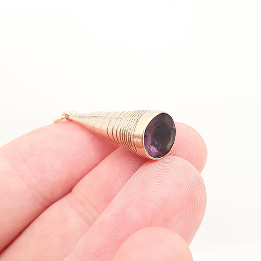 Antique 9ct 9k Gold Amethyst Paste Telescope Fob Pendant Necklace Art Deco 1920s Cone Glass Crystal Solid 375 Vintage Jewellery Jewelry