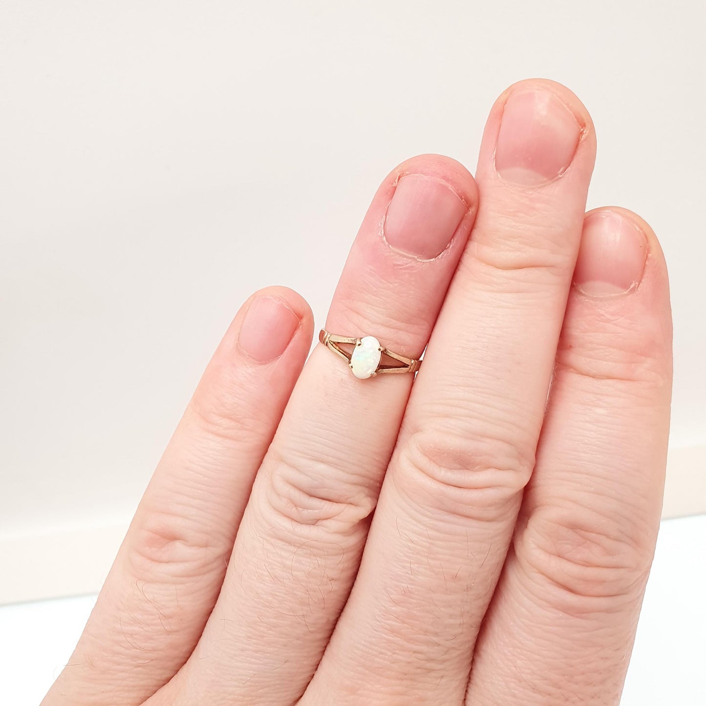 Vintage 9ct Gold Opal Ring White Solitaire Gemstone Pinky Pinkie Solid 9k Little Finger Hallmarked Jewelry Jewellery UK H 1/2 US 4