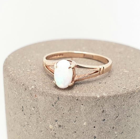 Vintage 9ct Gold Opal Ring White Solitaire Gemstone Pinky Pinkie Solid 9k Little Finger Hallmarked Jewelry Jewellery UK H 1/2 US 4