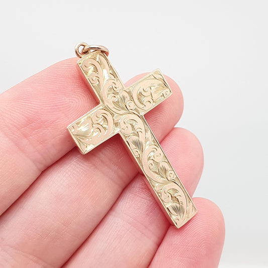Antique 9ct 9k Rose Gold Crucifix Necklace Cross Pendant Scroll Engraved Large Big Solid 375 Vintage
