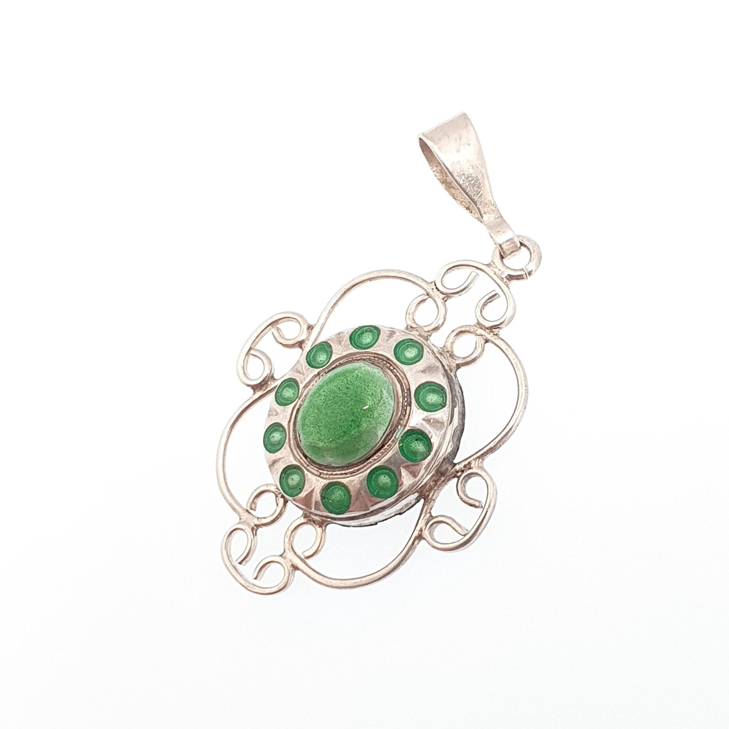 Antique Solid Silver Enamel Pendant Art Nouveau Necklace Green Champleve Arts and Crafts Flower Shape Hanging Vintage Jewellery Jewelry