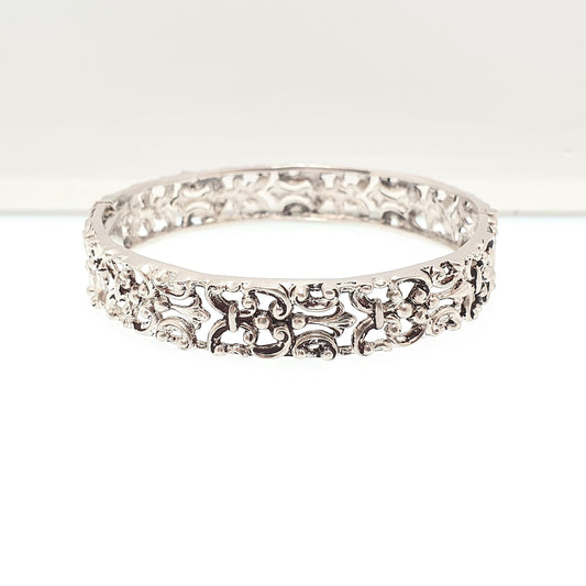 Antique Victorian Solid Silver Fleur De Lis Snap Bracelet Bangle Pierced Pattern Art Nouveau 22.69g Vintage Womens