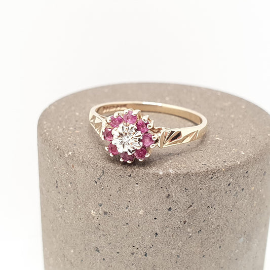 Vintage 9k 9ct Gold Ruby & Diamond Ring Cluster Solid 375 Red Gemstone Real Genuine  Halo Estate Womens Jewelry Jewellery Sparkly