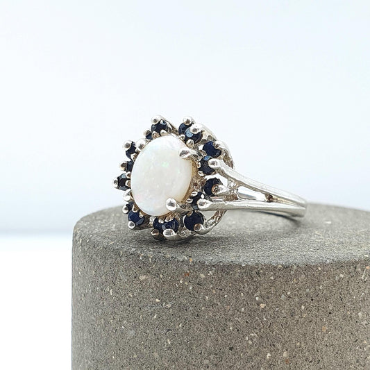 Vintage Sterling Silver Opal Sapphire Ring Cluster Halo Genuine Gemstones Womens Girls Jewelry Mens Jewellery UK K.5 US 5.5