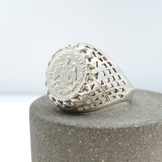 Vintage Solid Silver Estados Unidos Mexicanos Coin Signet Ring Chunky Large Big Retro Womens Jewelry Jewellery UK N.5 US 7