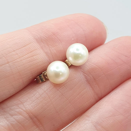 Vintage 9ct Gold Cultured Pearl Earrings Stud Solitaire Single White Womens Ladies Jewelry Jewellery Bead Ball Retro 9kt