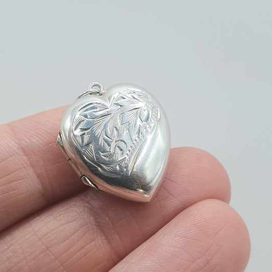 Antique Art Deco Solid Silver Heart Locket Pendant Necklace Back and Front Photo Keepsake Engraved Front Womens Jewelry Vintage Jewellery