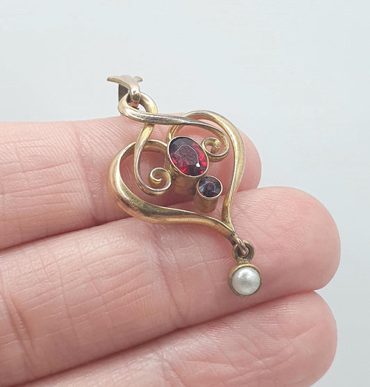 Antique Rolled Gold Garnet Paste Pendant Art Nouveau Openwork Edwardian Faux Pearl Gold Filled Womens Jewelry Vintage Jewellery