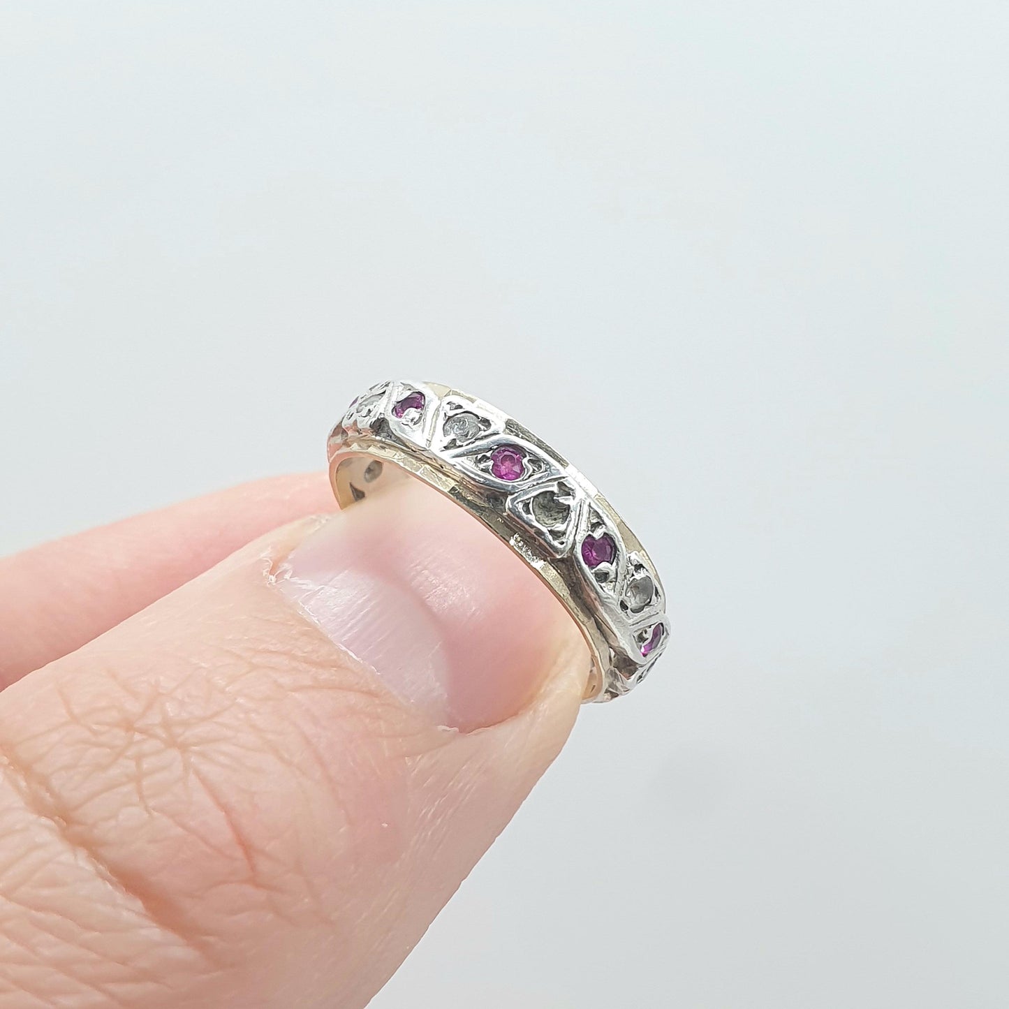 Antique Art Deco 9ct Gold & Solid Silver Ruby Eternity Ring White Spinel Gift Womens Jewellery Jewelry UK J.5 US 5