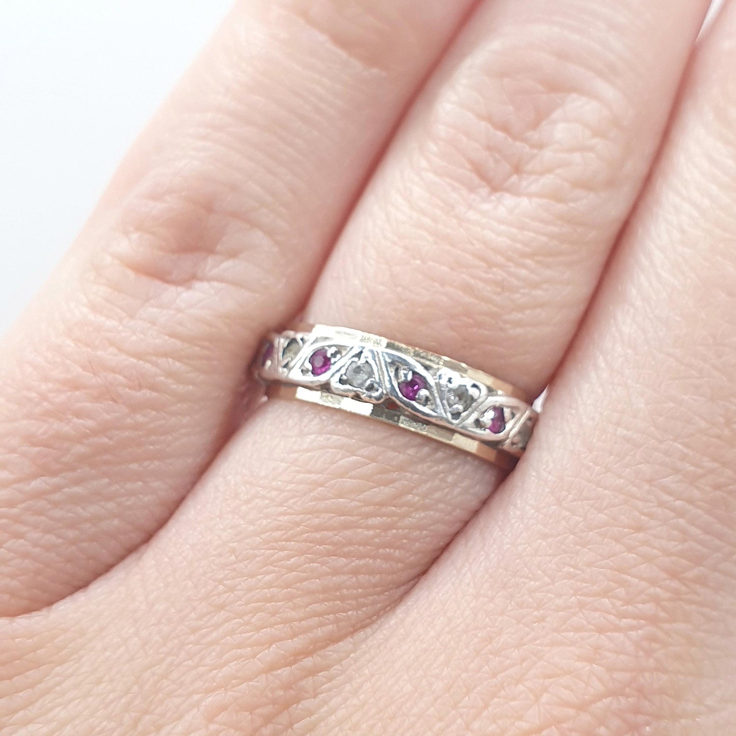 Antique Art Deco 9ct Gold & Solid Silver Ruby Eternity Ring White Spinel Gift Womens Jewellery Jewelry UK J.5 US 5
